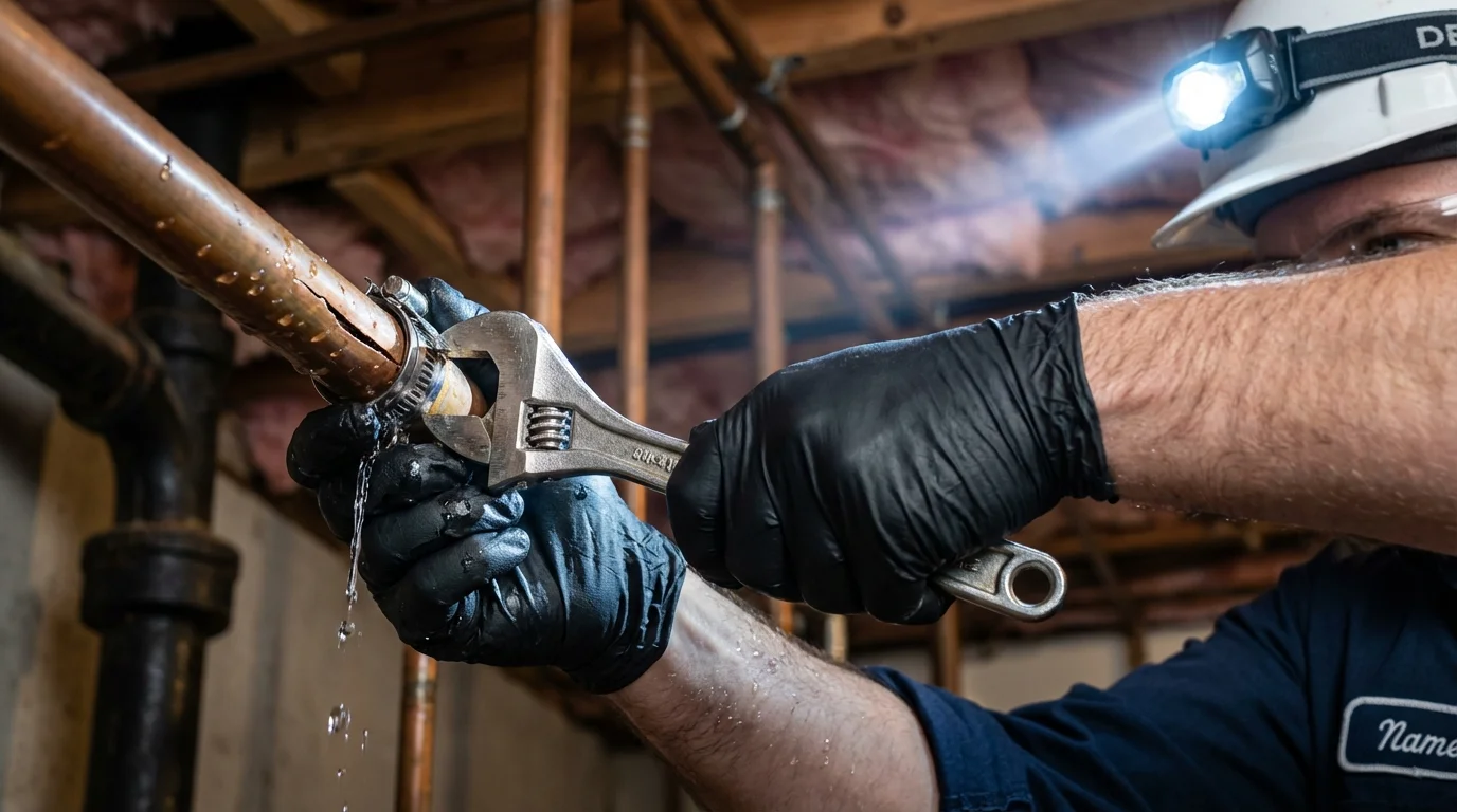 Emergency pipe clamp repair being performed by a Johns Plumbing LLC plumber in Grottoes